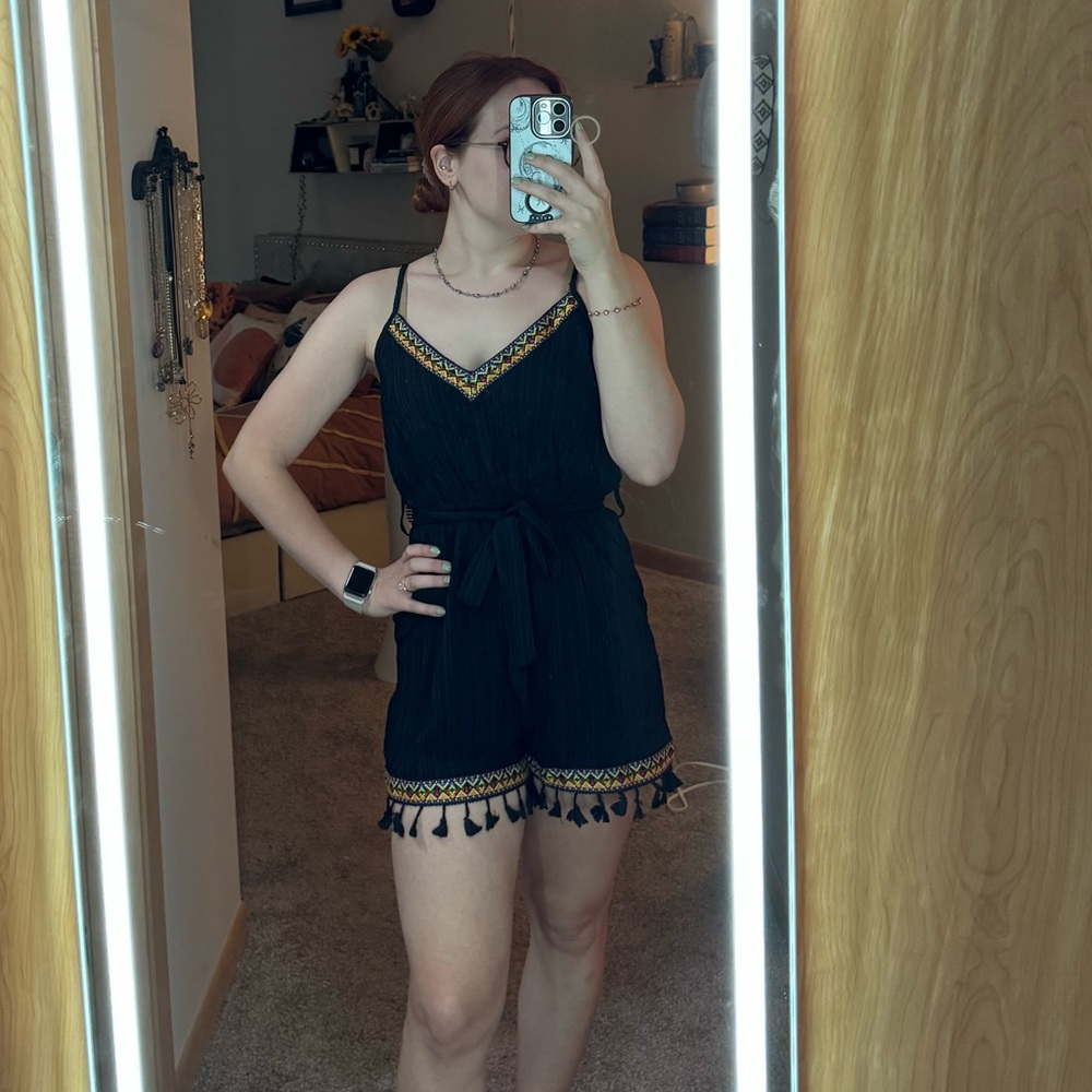 Tank top romper with shorts and tie waist